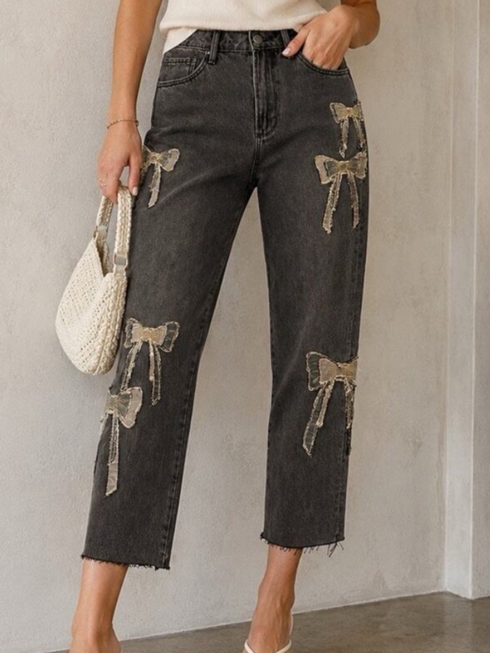 DRIFTWOOD Black Cropped Jeans with Gold Bow Embellishments